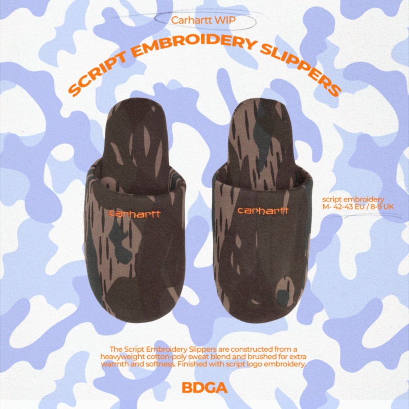 bodega's tweet photo. The Carhartt WIP Script Embroidery Slippers are constructed from a heavyweight cotton-poly sweat blend and brushed for extra warmth and softness. Finished with script logo embroidery. Available now online at Bodega - #carharttwip #bodega