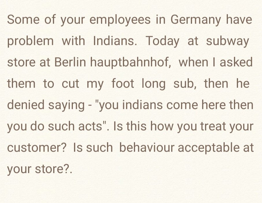rk1545's tweet photo. Dear @SUBWAY,
@Subway_DE, @SubwayIndia
@eoiberlin #Racism #India https://t.co/H51uvfJkU4