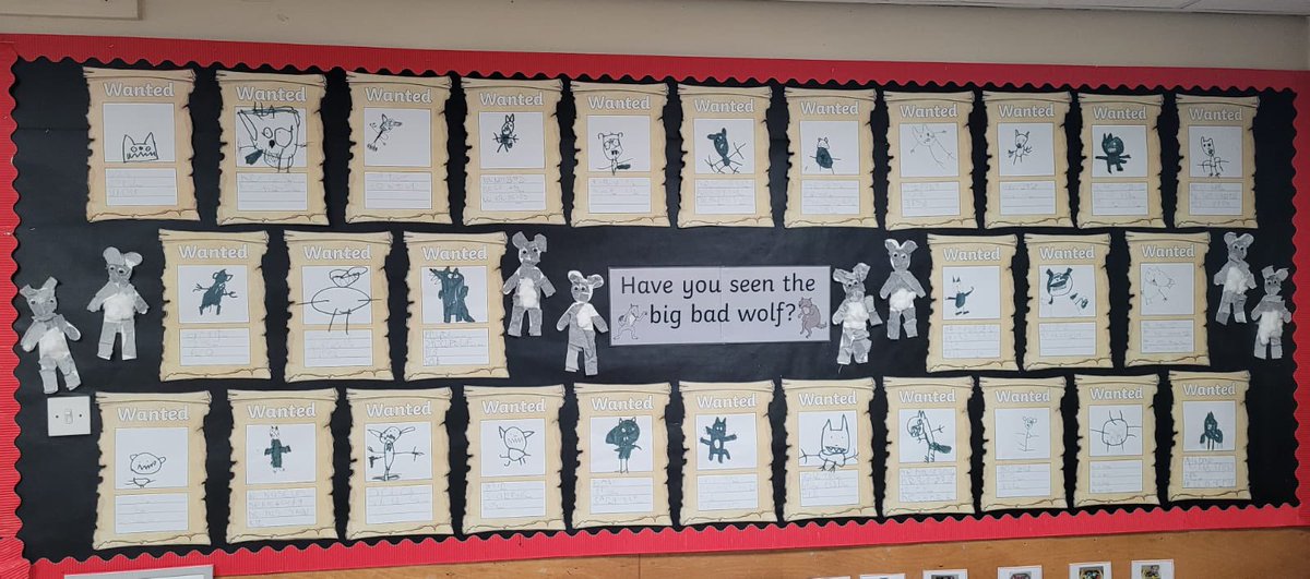 Reception displays showing the work they have done as part of their traditional tales topics. #mixedmedia #expressivearts #earlyyears #earlywriting @leedsearlyyears