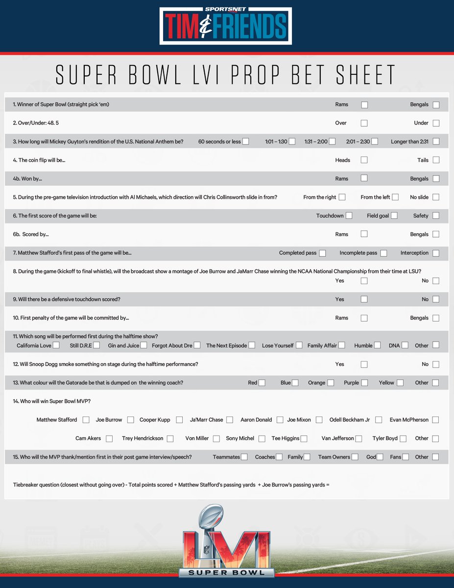 timandfriends's tweet photo. You can win REAL-LIFE prizes with our #SuperBowl Prop Bet Pool and it’s so easy.

1. Download this sheet 👇 
https://t.co/hw0zXCIHBL
2. Fill it out
3. Tweet it to us @timandfriends with the tags #SNBets #TFProps
4. Done

FIVE people will win Tim &amp; Friends swag… why not you? https://t.co/N1txenaOAP