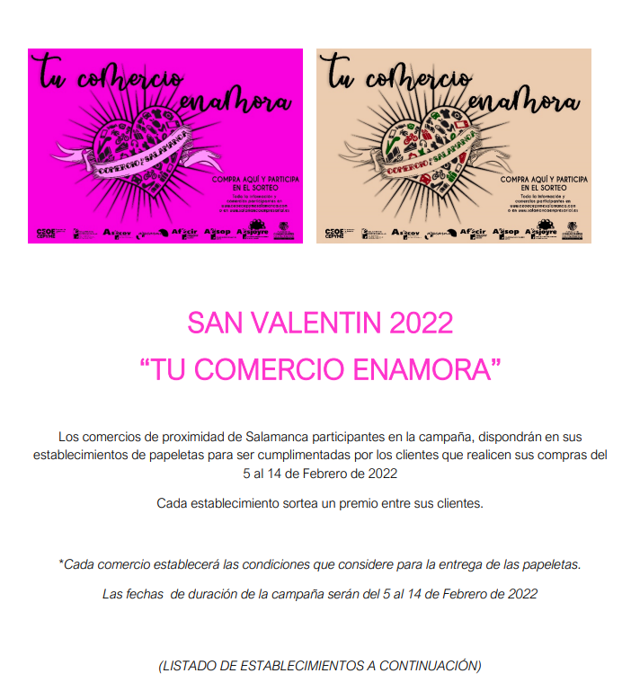 SaEmpresarial's tweet photo. San Valentin 2022
"Tu Comercio Enamora"
Cada establecimiento sortea un premio entre sus clientes que realicen sus compras del 5 al 14 de Febrero.
Más información y listado de los comercios participantes en el siguiente enlace:
https://t.co/ZYGowSeesl https://t.co/lhTCTazBzU