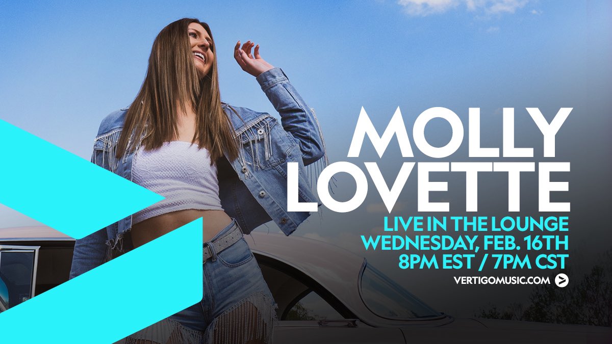 vertigoislive's tweet photo. LIVE LOUNGE ANNOUNCEMENT! 💘 Wednesday Country Singer @MollyLovette will be dropping by the Lounge to chat with @AdamWurtzel about her brand new single "Seasons"! Download Vertigo for FREE to chat with Molly and stream her music alongside her LIVE! 🤩 https://t.co/ETnwoVO7bA https://t.co/ocdyNHyv2S
