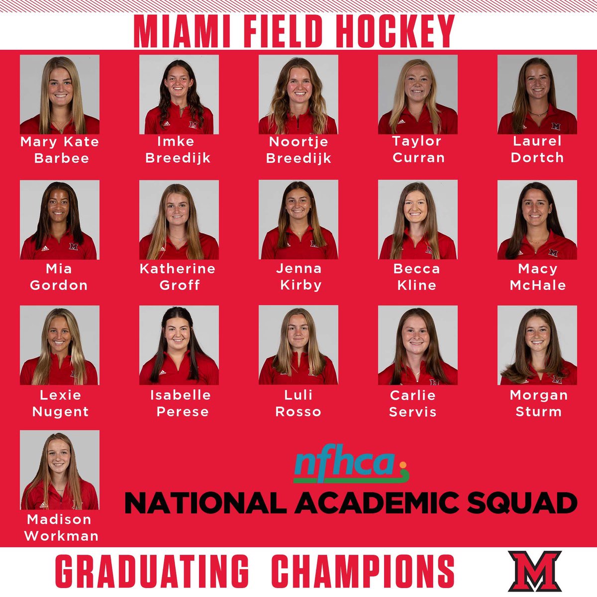 So proud of this group of women that continues to pursue excellence in all areas of their collegiate experience. Six of these 16 graduated in 2022 having won every MAC Championship available. One more will this May. All 7 are 4-time honorees. #GraduatingChampions #RiseUpRedHawks
