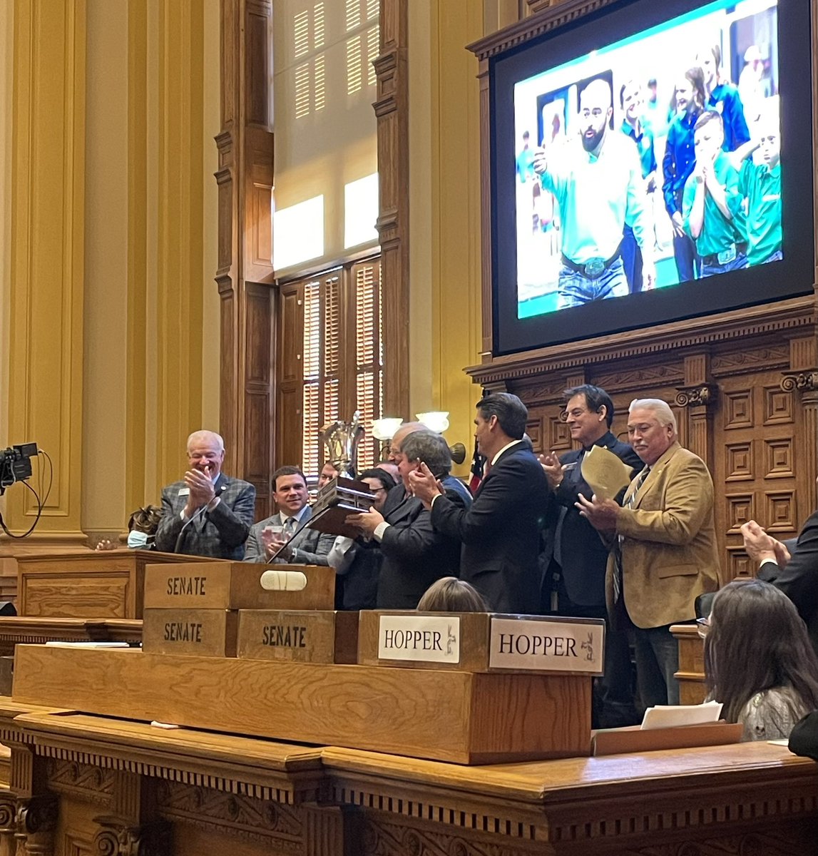 jameswellington's tweet photo. A little fun in the State Senate this morning as the Legislative Livestock Showdown trophy is brought home. 

Senators Anavitarte, Burns, Jackson, Rahman, and Walker did the Senate proud and for the benefit of @Georgia4H &amp; @GA_FFA.

#SenateRules #gapol https://t.co/BZx2G3ID9y