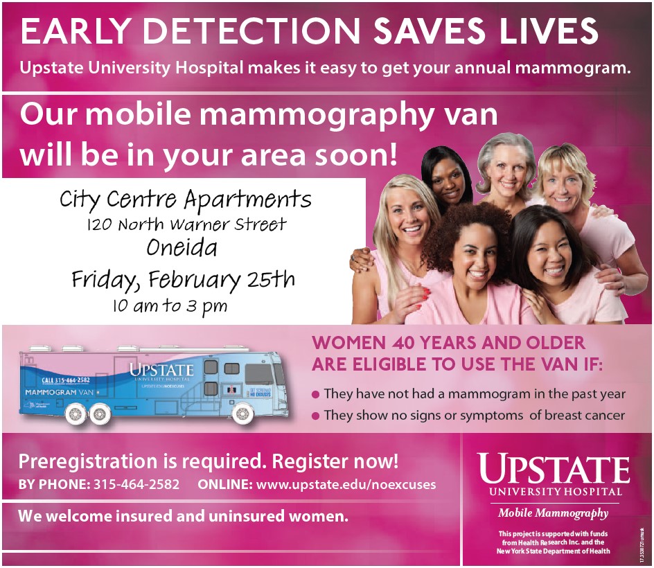 UpstateMammoVan's tweet photo. Sign up with us to get screened with us in #OneidaNY in 2 weeks!
Learn more and request an appointment at https://t.co/Uhh6mumA1k or call 315-464-2582.
#madisoncountyny https://t.co/NLYQ8DcPn3