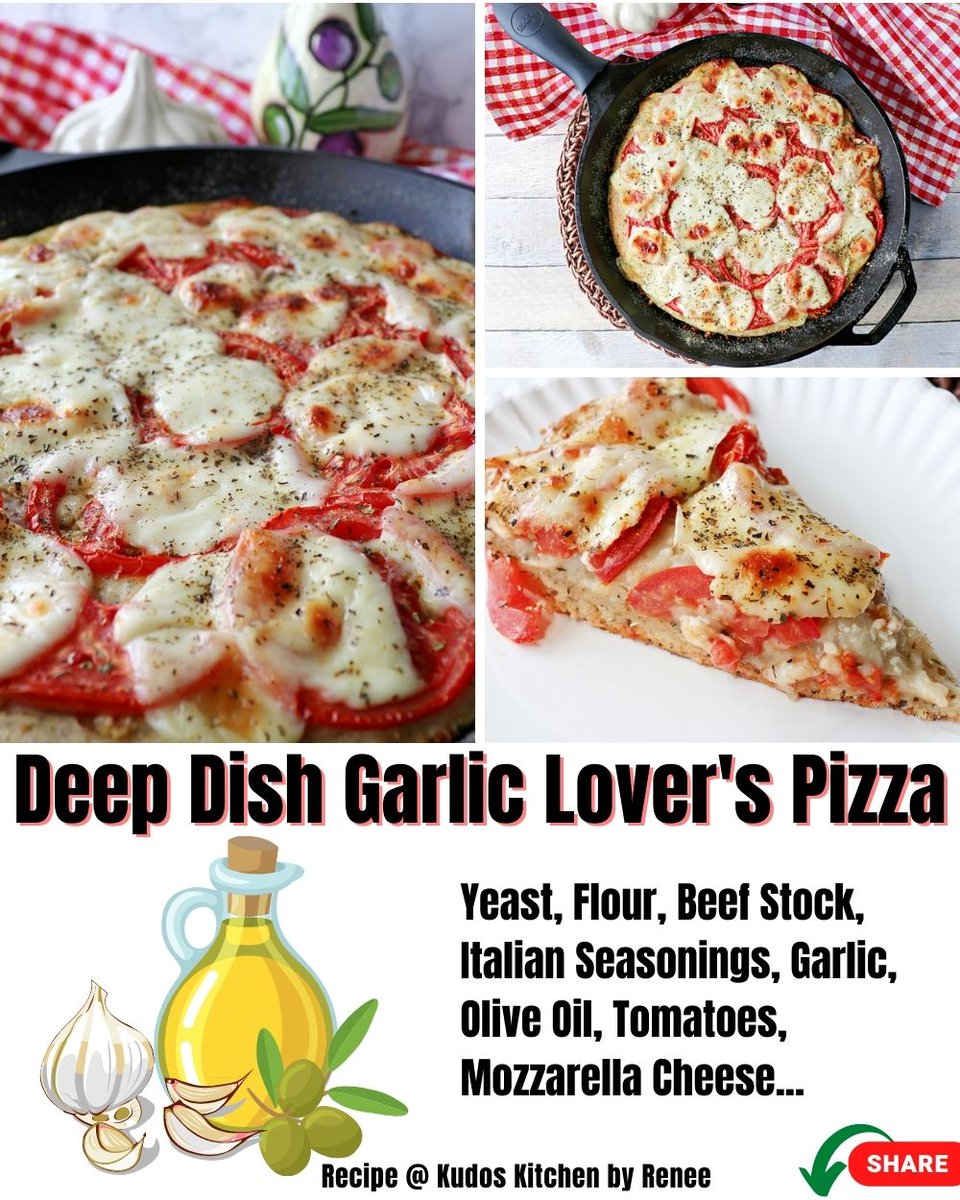 If you're a garlic lover then you MUST try this Deep Dish Garlic Lover's Pizza! The crust is super simple to make and is the perfect thickness to hold all the garlicy, cheesy goodness this pizza possesses! #pizzarecipe #homemadepizza kudoskitchenbyrenee.com/garlic-lovers-…