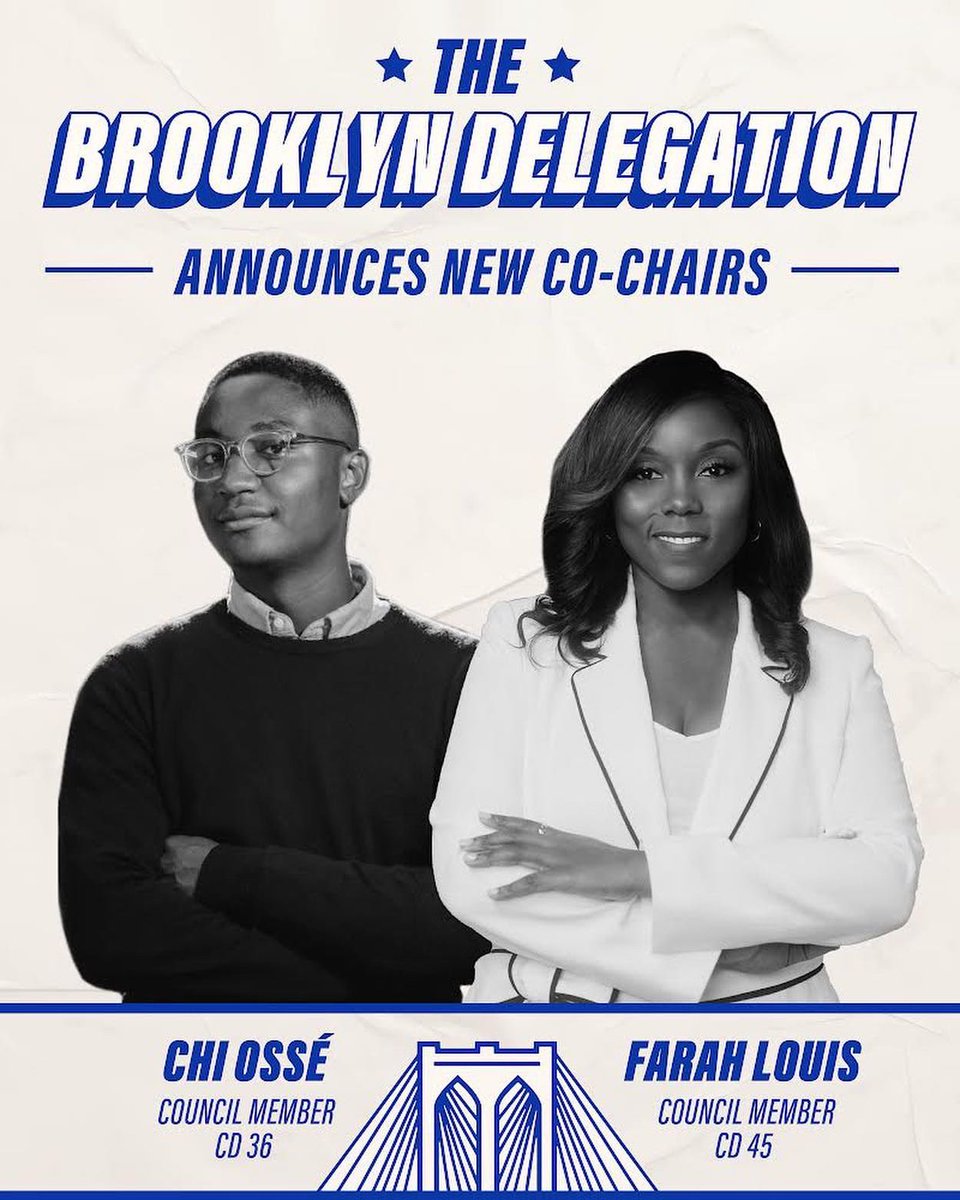 OsseChi's tweet photo. As a third-generation Brooklynite, I could not be more proud to co-chair the Brooklyn Delegation. I love my home borough and look forward to serving alongside Councilmember @FarahNLouis in amplifying Brooklyn’s voice in the City Council. https://t.co/yjV5ep0ELQ
