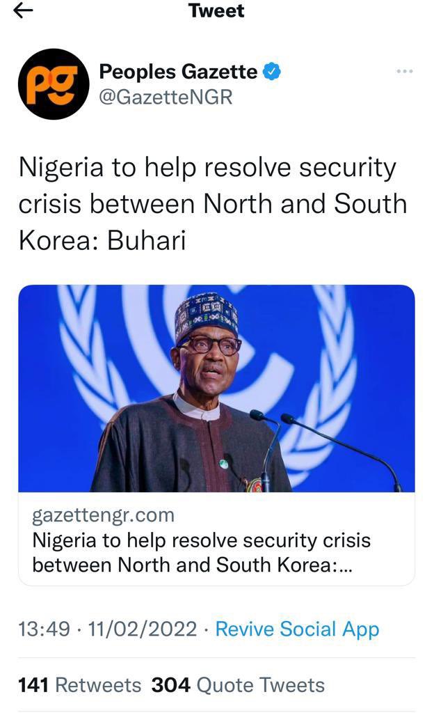 renoomokri's tweet photo. When I say that this man lacks the mental capacity for the job he forced his way into, Buharists will start barking. Someone that can’t even go to Zamfara, because he is afraid of bandits and the surface-to-air-missiles, wants to give the Koreas security? Clueless!

#TableShaker https://t.co/SZgR8n4ZvJ