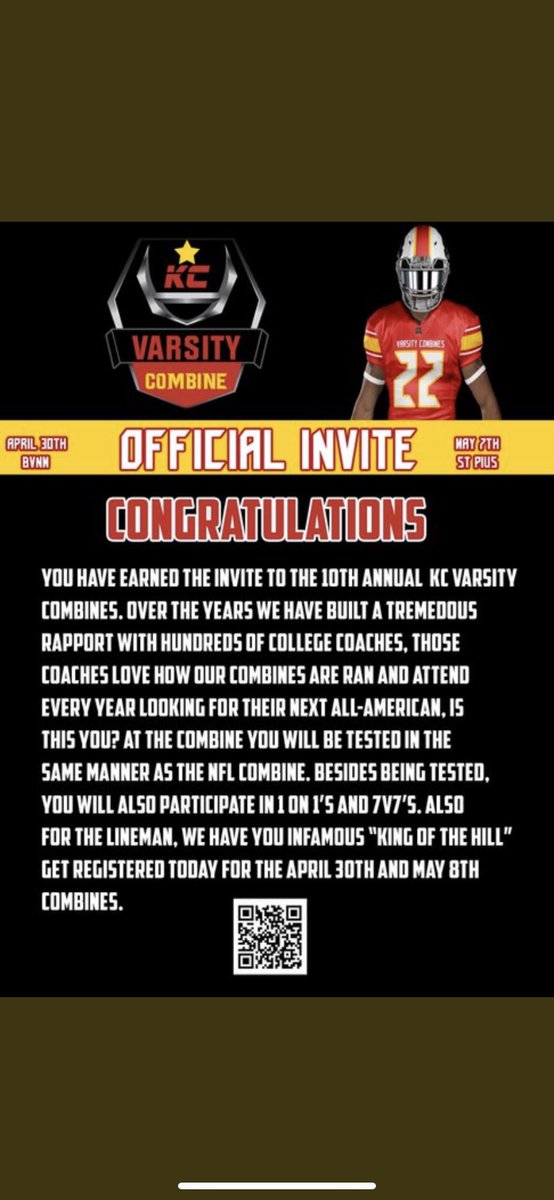 Thank you <a href="/Varsitycombine1/">KC Varsity Combines</a> for the invite. Excited to attend!
