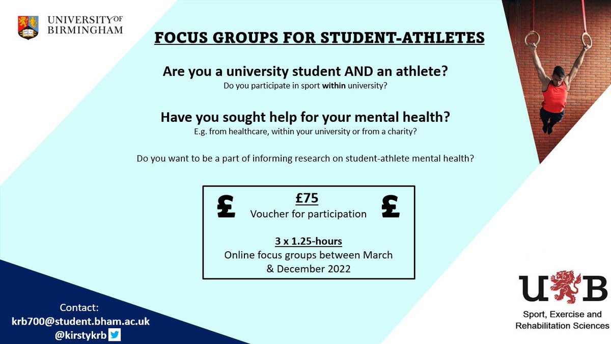 Kirstykrb's tweet photo. I’m recruiting student-athletes to take part in focus groups to inform my MSc by Research! 

Please retweet and share with those who think might be interested!😊

#PPI #StudentAthlete #athletementalhealth 

@UBSportExR @UoB_PGR_LES @LES_UniBham 
@Mary_q6 @drjenncumming https://t.co/iPjtzpUW5w