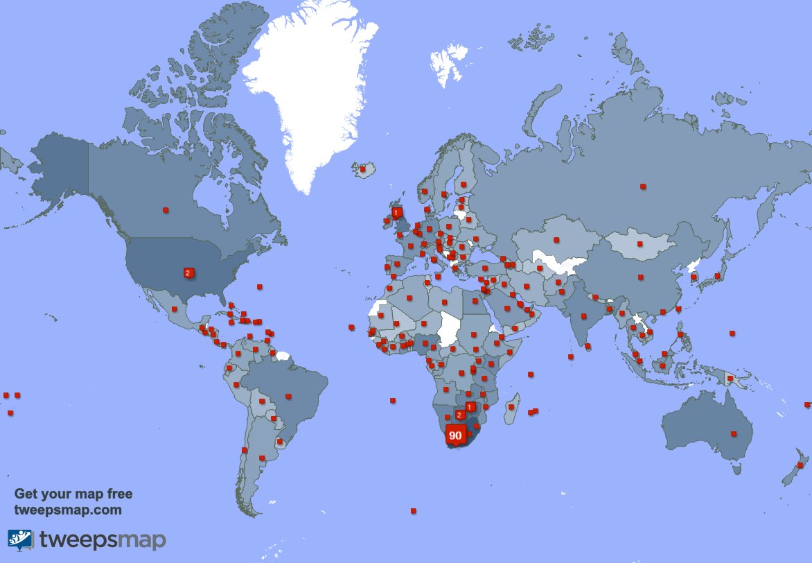 Special thank you to my 1201 new followers from South Africa, Botswana, Lesotho, and more last week. tweepsmap.com/!kuliroberts