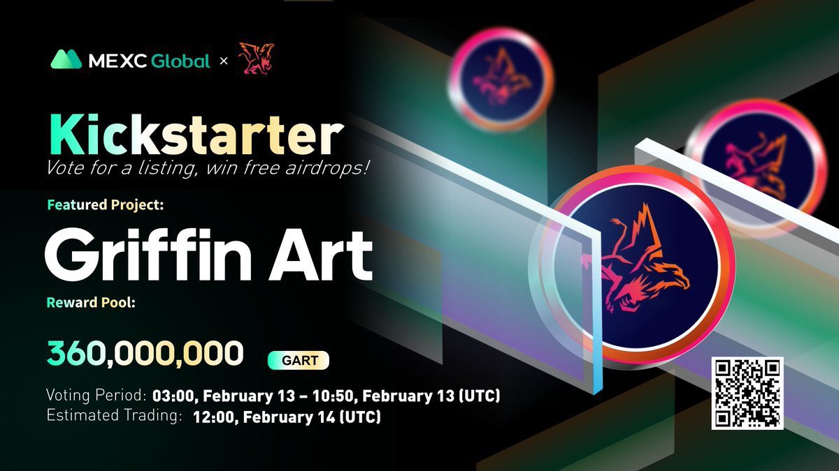 Presenting the new #Kickstarter session with @GriffinNFTArt

🗳Vote with $MX to get $GART listed and share 360,000,000 $GART
⏰Period: 03:00 - 10:50 Feb 13 (UTC)
📈Trading: 12:00 Feb 14 (UTC)

Details: bit.ly/34RAlEF

💚Sign up: bit.ly/3uemwLl

#GriffinNFTArt
