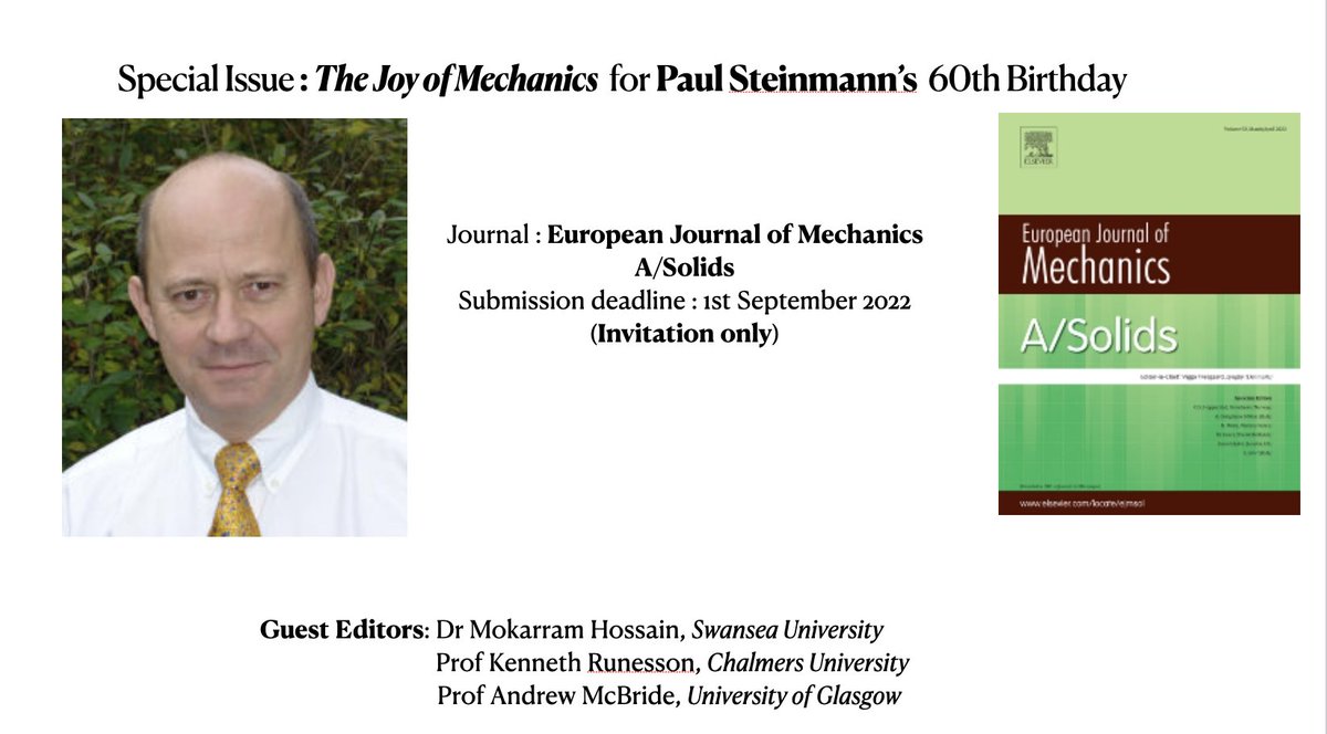 I'm excited to be a Managing Guest Editor for Special Issue of European Mechanics-A/Solids🥳 @DanielGMadrid11 @ProfAdhikari @saxenaprshnt @chenna1985 @LukaszKaczmarcz @SilviaBudday @cjpearce @GCEC_ @UniFAU @Open_Mechanics @ln2cool @ZGao17208172 @UK_ACM @GACMeV