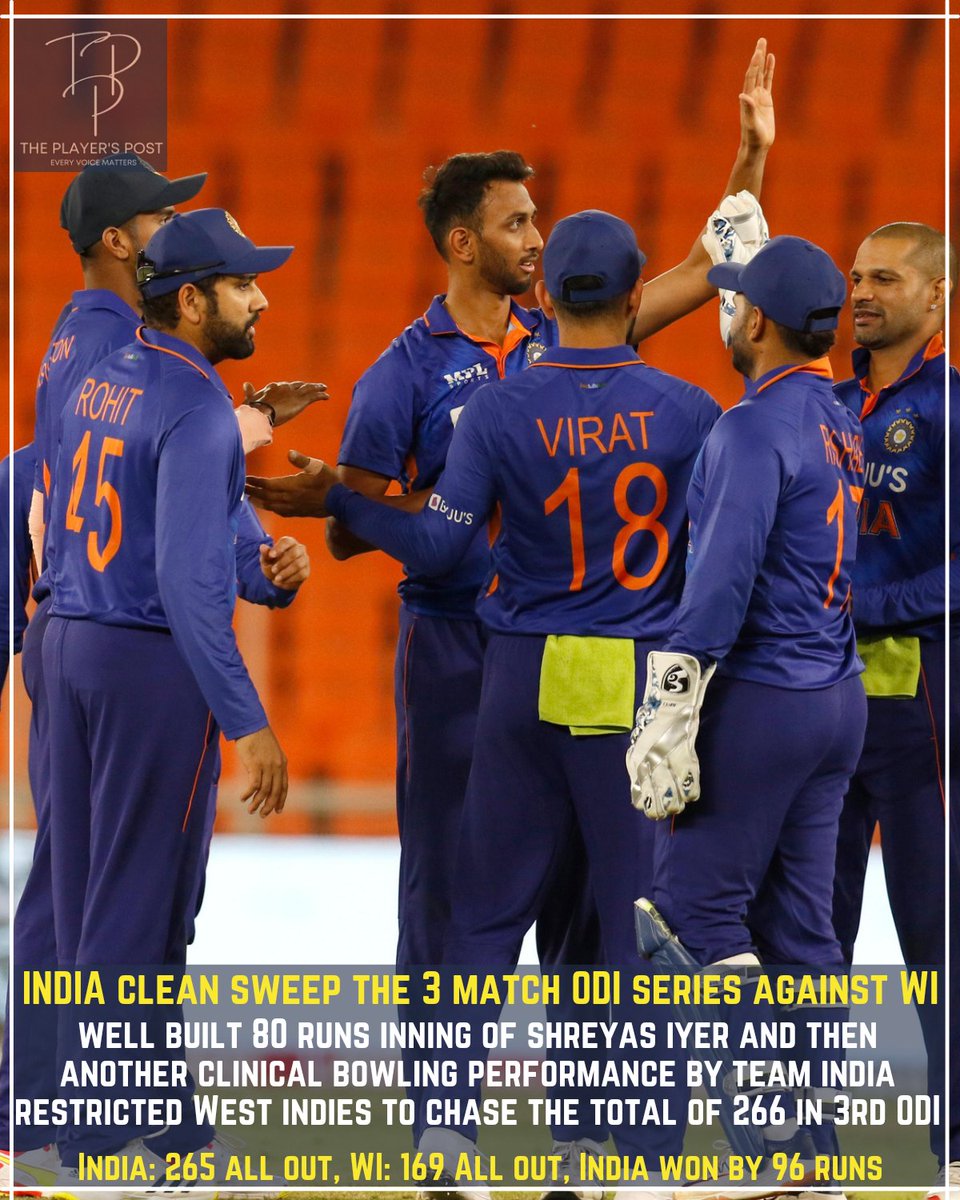 theplayerspost's tweet photo. Congratulations to #TeamIndia
🏆🇮🇳🏆🥳💪🇮🇳

It's a 3-0 series win. 

#INDvWI #BCCI #RohithSharma https://t.co/IotqXnhiPT