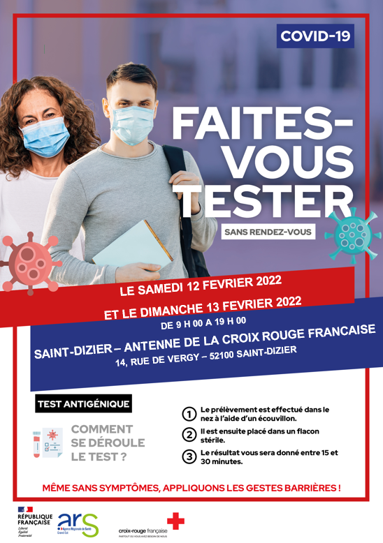 ars_grand_est's tweet photo. COVID-19 #DEPISTAGE EN HAUTE-MARNE #ARS52
Des créneaux (#tests #antigéniques) sont mis en place :
🗓️ SAMEDI ET DIMANCHE 12 & 13 FEVRIER 2022
🔹9h à 19h SALLE DES FETES à CHAUMONT
🔹9h30 à 18h MAIRIE à LANGRES
🔹9h à 19h ANTENNE DE LA CROIX ROUGE FRANÇAISE à SAINT-DIZIER https://t.co/A15D632hJ7