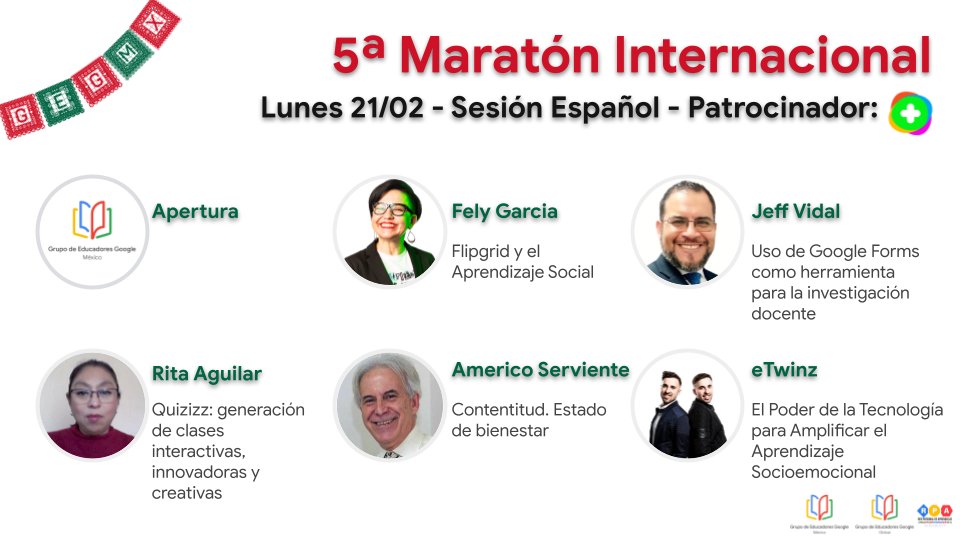 JeffSinergia's tweet photo. Conozca a los ponentes de nuestra primera sesión de la 5ª Maratón de GEG México.
Evento en línea y gratuito. 
#learningisfun #teachingisfun #maratongegmexico
@FelyTeachnology @JeffSinergia @americosirvente @eTwinzEDU @Flipgrid https://t.co/NTa9mdCDAg https://t.co/fAhSCRvrZc