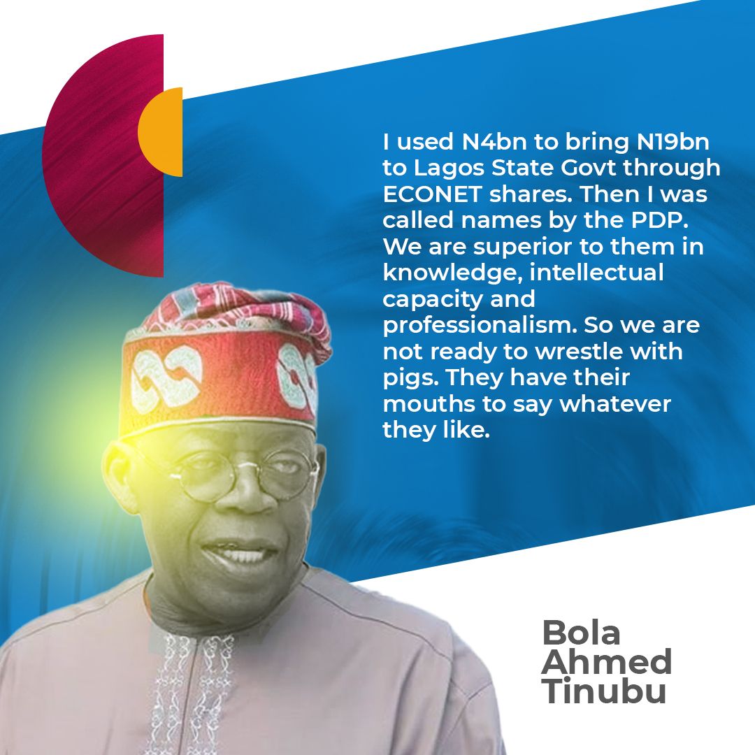 UthmanOlaide's tweet photo. I used #4bn to bring #19bn to Lagos State Govt through ECONET shares. Then I was called names by the PDP.
We are superior to them in knowledge,intellectual capacity&amp;professionalism. So we aren't ready to wrestle with pigs. They have their mouths to say whatever they like #BAT2023 https://t.co/lbkMkJJpOb