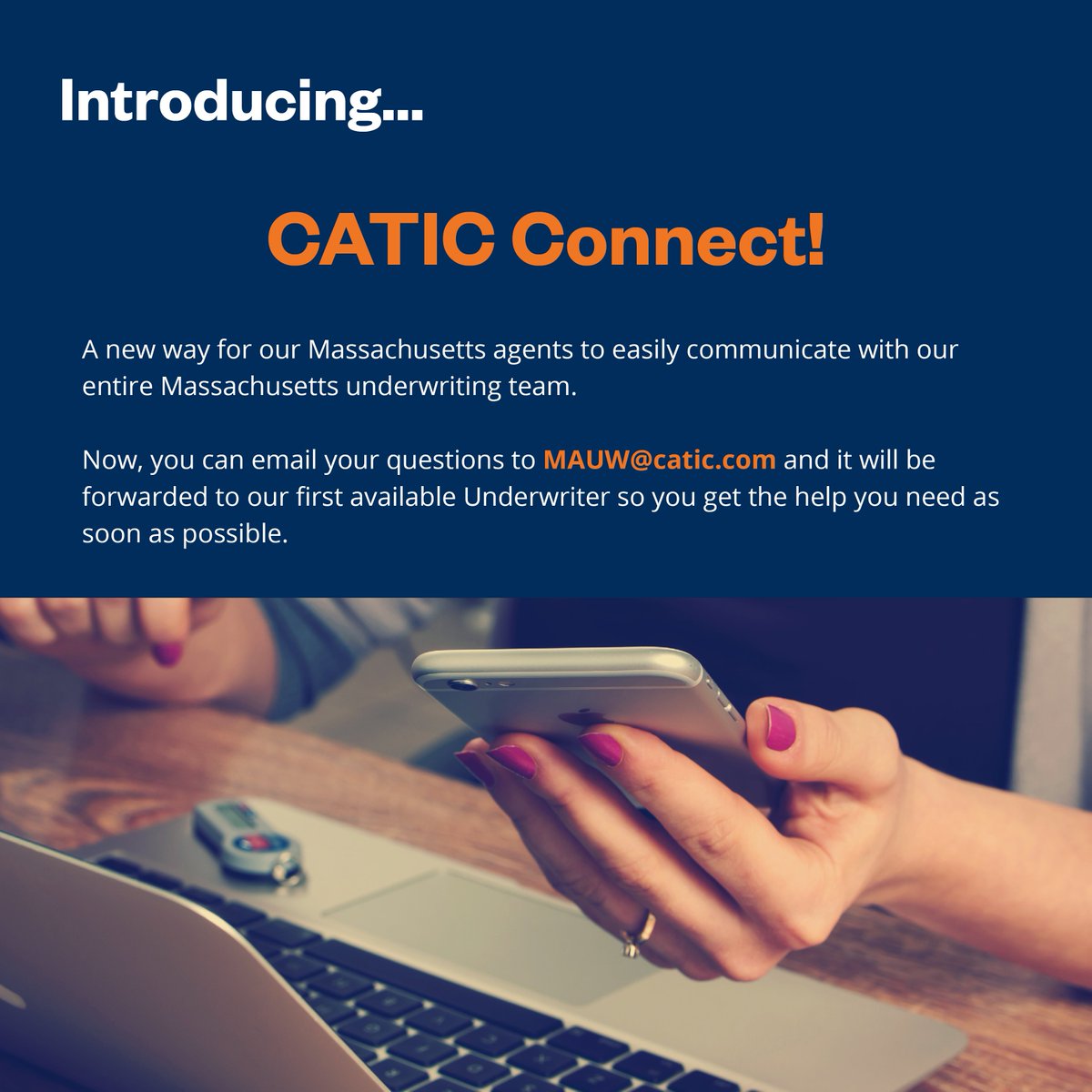 catictitle's tweet photo. ATTENTION MASSACHUSETTS AGENTS - we have a new, easy way to contact all our MA Underwriters at once. Introducing "CATIC Connect", our MA underwriting general email address where you can email your questions and know that they will be forwarded to the first available Underwriter. https://t.co/xp4syxVM4D