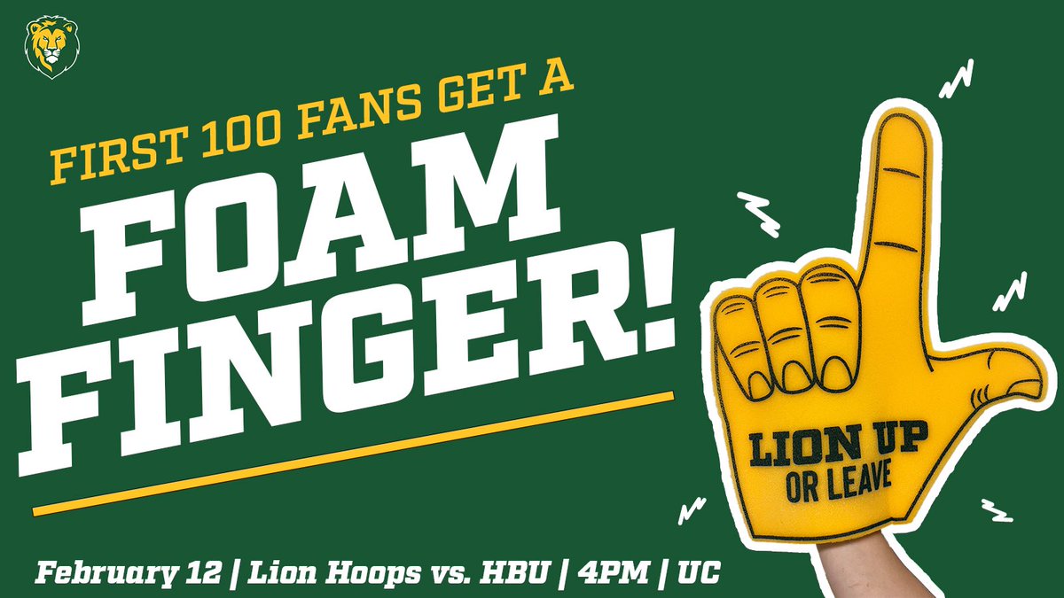 LION UP OR LEAVE 🦁

First 100 fans in the stands at tomorrow afternoon’s <a href="/LionUpMBB/">Southeastern Men's Basketball</a> game receive a FREE foam finger! 

#LionUp | #Hate2Lose