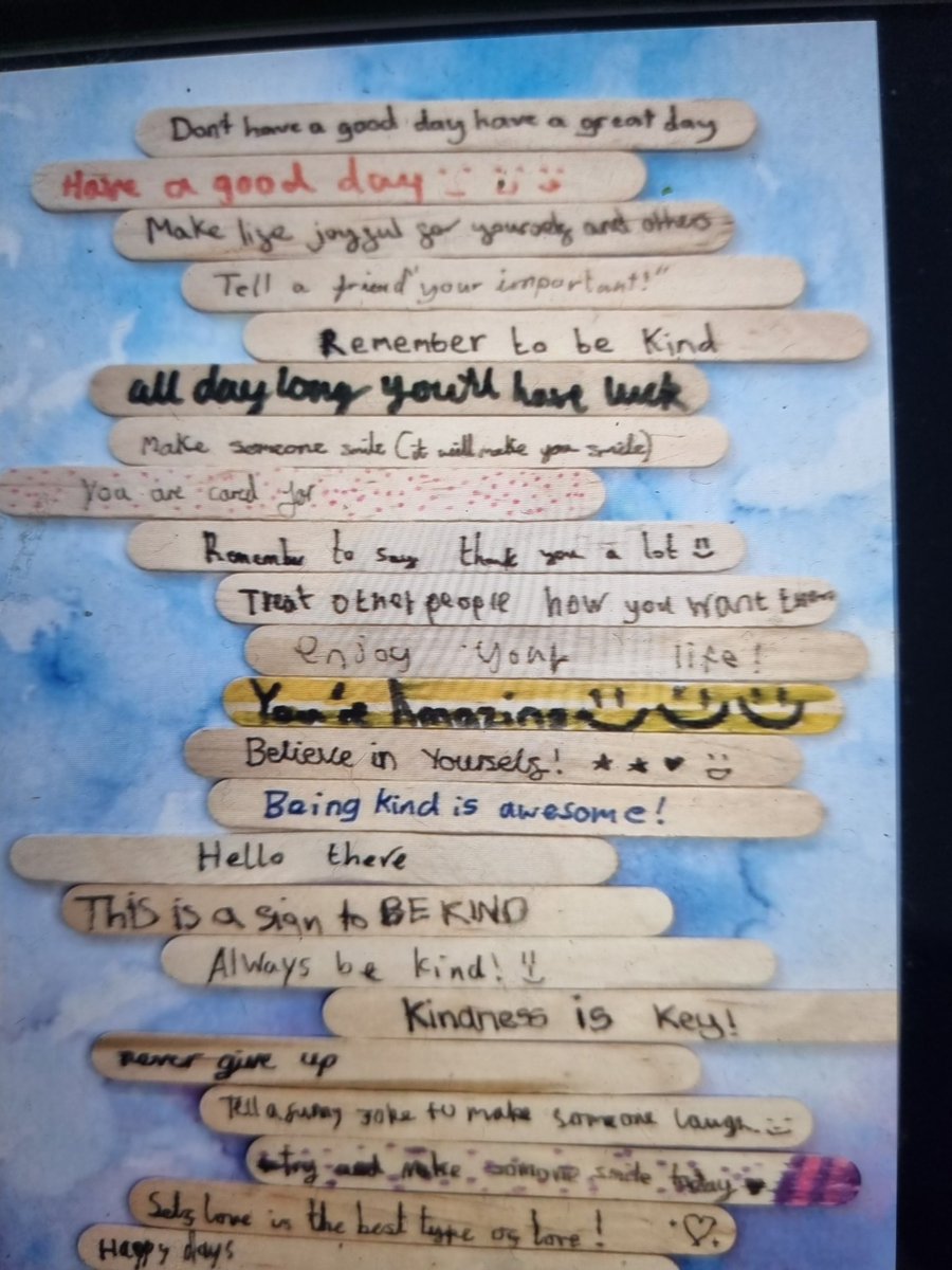 All chn wrote positive messages on lolly sticks, these were placed in a lucky dip box and during lunchtime today children could pick one if they wanted one. They could then keep this message, pass it in or put it back. <a href="/Place2Be/">Place2Be</a> #ChildrensMentalHealthWeek #Spreadingkindness