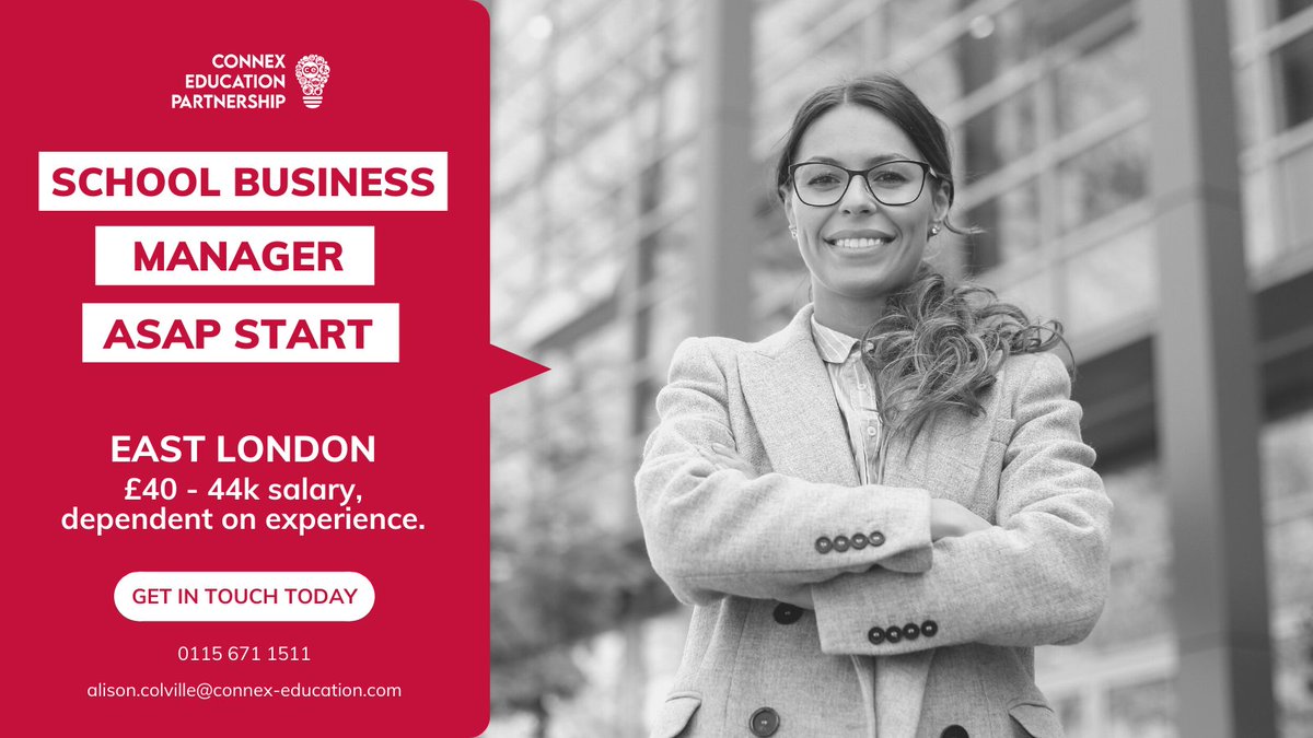 ConnexEducation's tweet photo. A new vacancy is available in East London for a School Business Manager.

For more information about the role or to apply, please email:

Alison.Colville@connex-education.com

#schoolmanager #businessmanager #job #eastlondon https://t.co/bYBrNmKPug