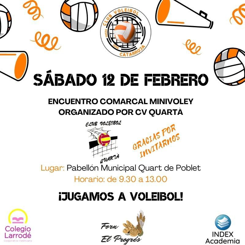 CV_Catarroja's tweet photo. ATENCIÓ!! 
Els esportistes del #ColegioLarrodé i del #CEIP_Vil·la_Romana participaran demà (12-02-22) en un torneig comarcal de #minivòlei al pavelló del @cvquarta defenent els colors dl #clubvoleibolcatarroja. Gaudiu!💪#Somvòlei #Sompoble #Catarroja #voleibol #Albal #Massanassa https://t.co/BhKGrxpqCH