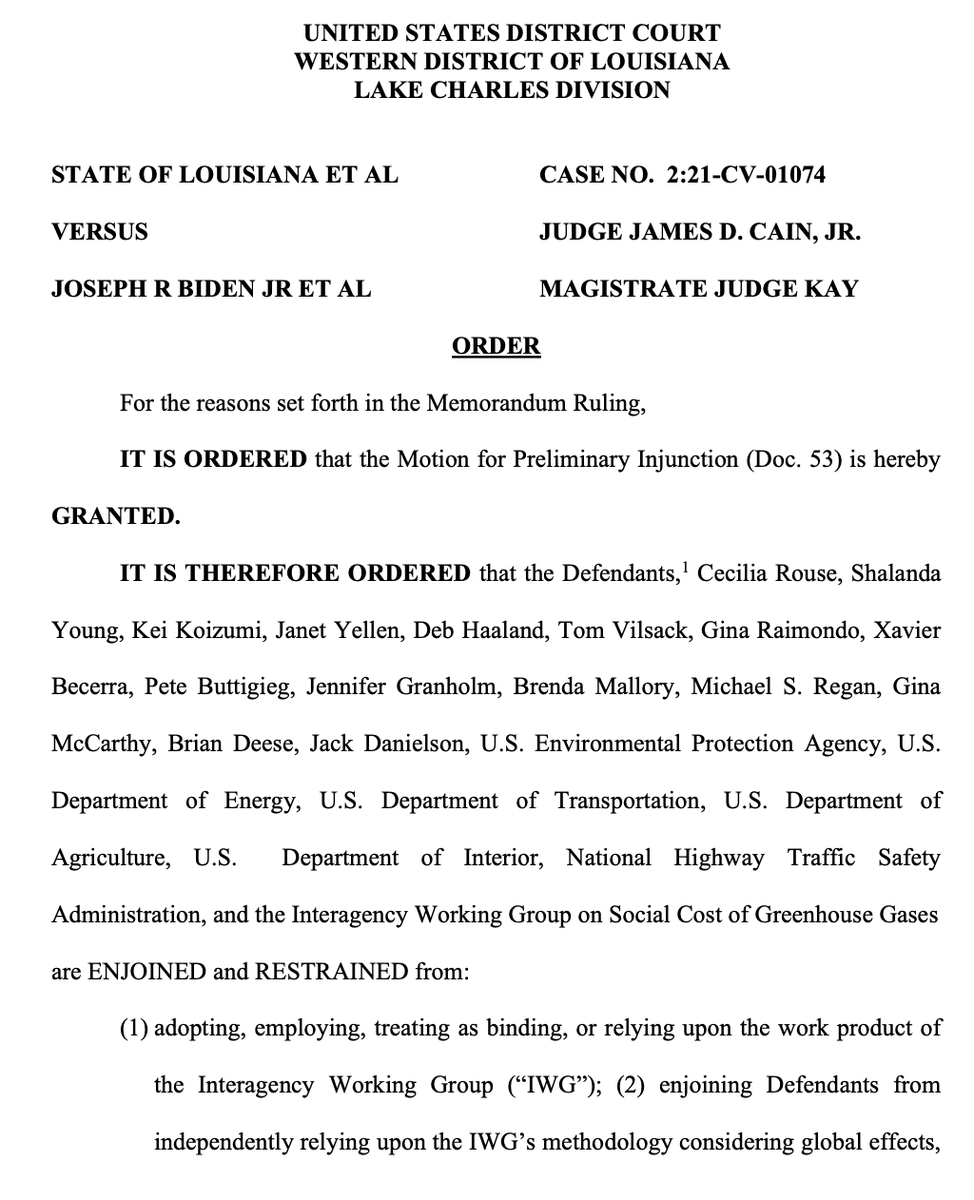 pamelalauren's tweet photo. BREAKING: Federal judge in Louisiana district court handcuffs Biden admin on social cost of carbon

More to come https://t.co/Zn4fvP6Cws