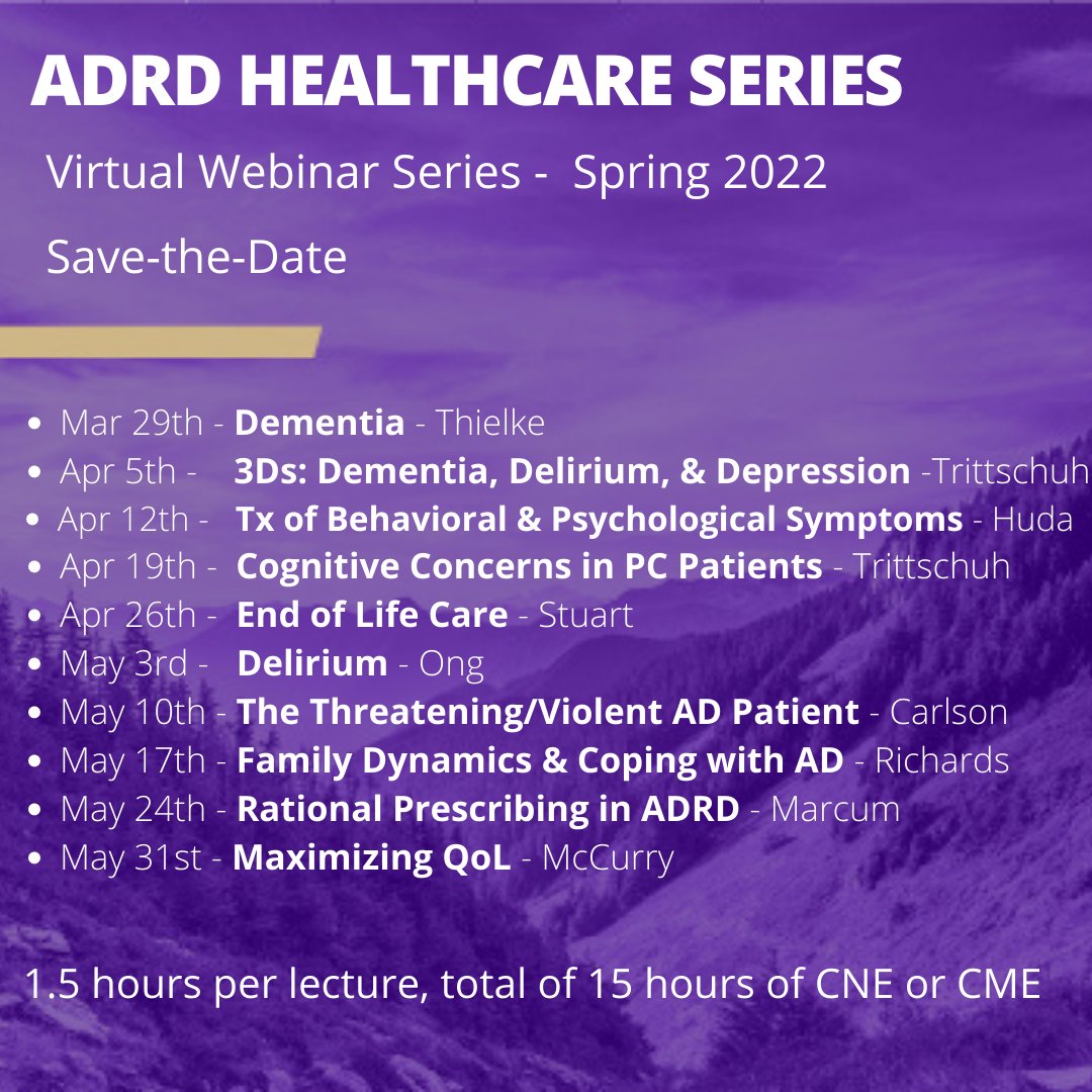 Save the dates for our upcoming Spring 2022 Alzheimer’s Disease and Related Dementias (ADRD) Healthcare Series - nwgwec.org/live/  Sign-up for our email list to learn when registration opens: tinyurl.com/geri-serieslist