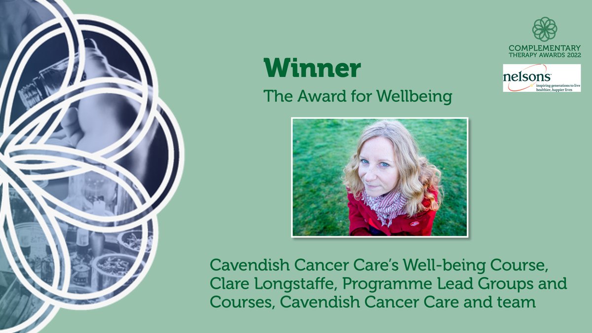 Many congratulations to the winner of the Award for Wellbeing sponsored by Nelsons - Clare Longstaffe at Cavendish Cancer Care &amp; team for the Well-being Course. Fantastic work! <a href="/CavCancerCare/">Cavendish Cancer Care</a>
<a href="/Integrative_HC/">Integrative Health Convention</a> <a href="/CollegeofMed/">College of Medicine</a> <a href="/ukhealthradio/">UK Health Radio™</a> 
#CompTherapyStars