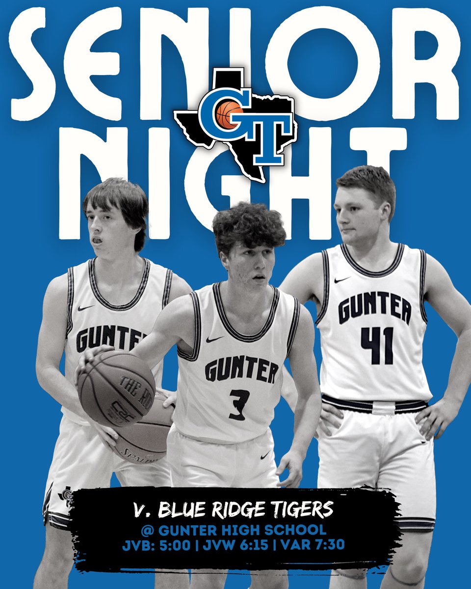 tiger_gunter's tweet photo. 🚨🏀GAMEDAY ALERT🏀🚨
        ⚠️District Game⚠️
          💯Senior Night💯

📍Gunter High School

🆚 Blue Ridge

📆 Tuesday, Feb. 11th

🕜 JVB - 5:00pm, JVW - 6:15pm, VAR - 7:30pm

#ownthefuture  @GunterHSTigers @Gunter_ISD @gunterssect https://t.co/UxZemOyMA2