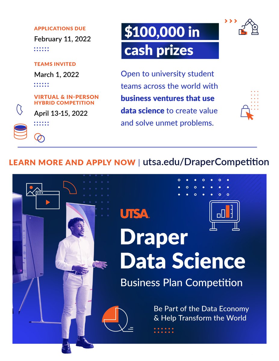 utsacaicc's tweet image. Today is the day - make it happen!  Any university student around the globe can apply.  Compete virtually or in person at the Buena Vista Theater on April 13-15.
Big money to the top teams! utsa.edu/DraperCompetit…
#UTSA #SDSData #DataScience