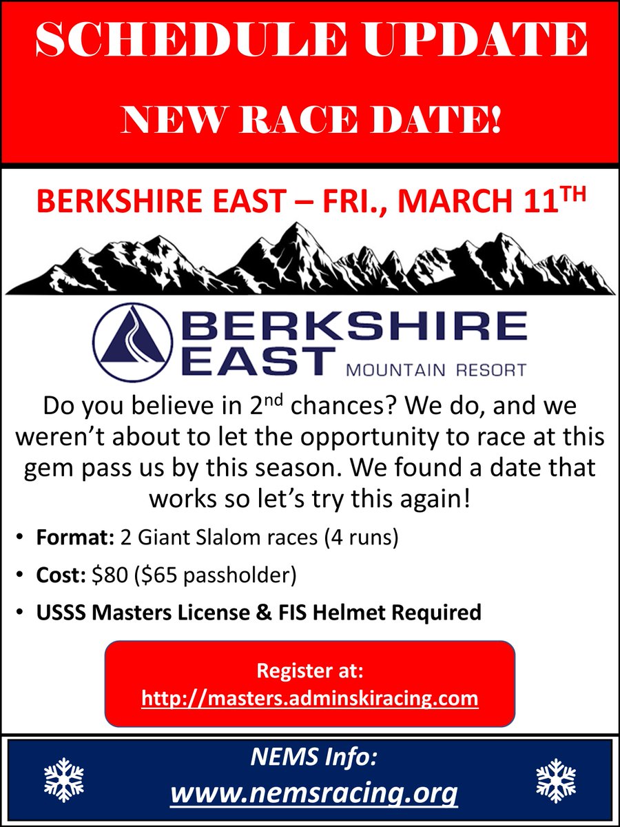 NEMSRacing's tweet photo. Exciting news! The @NEMSRacing GS races for @BerkshireEast have been rescheduled for Fri., March 11th. Everything will be the same, just a new date with better weather! Registration is now OPEN. Great venue &amp; fun GS course. Hope you can make out! #nemsracing #BerkshireEast #GS https://t.co/bRyZy7Ykpq