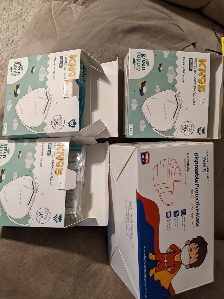 WindyPix's tweet photo. @masknerd I unfortunately threw mine away after the adult ones said "Fish Masks" on the box and saw the manufacturers did not have FDA EUA. I still have these kid ones and the surgical style I have kept as backups, plus ONE adult KN95 I found. Happy to send to you. https://t.co/61g0UBoXlG