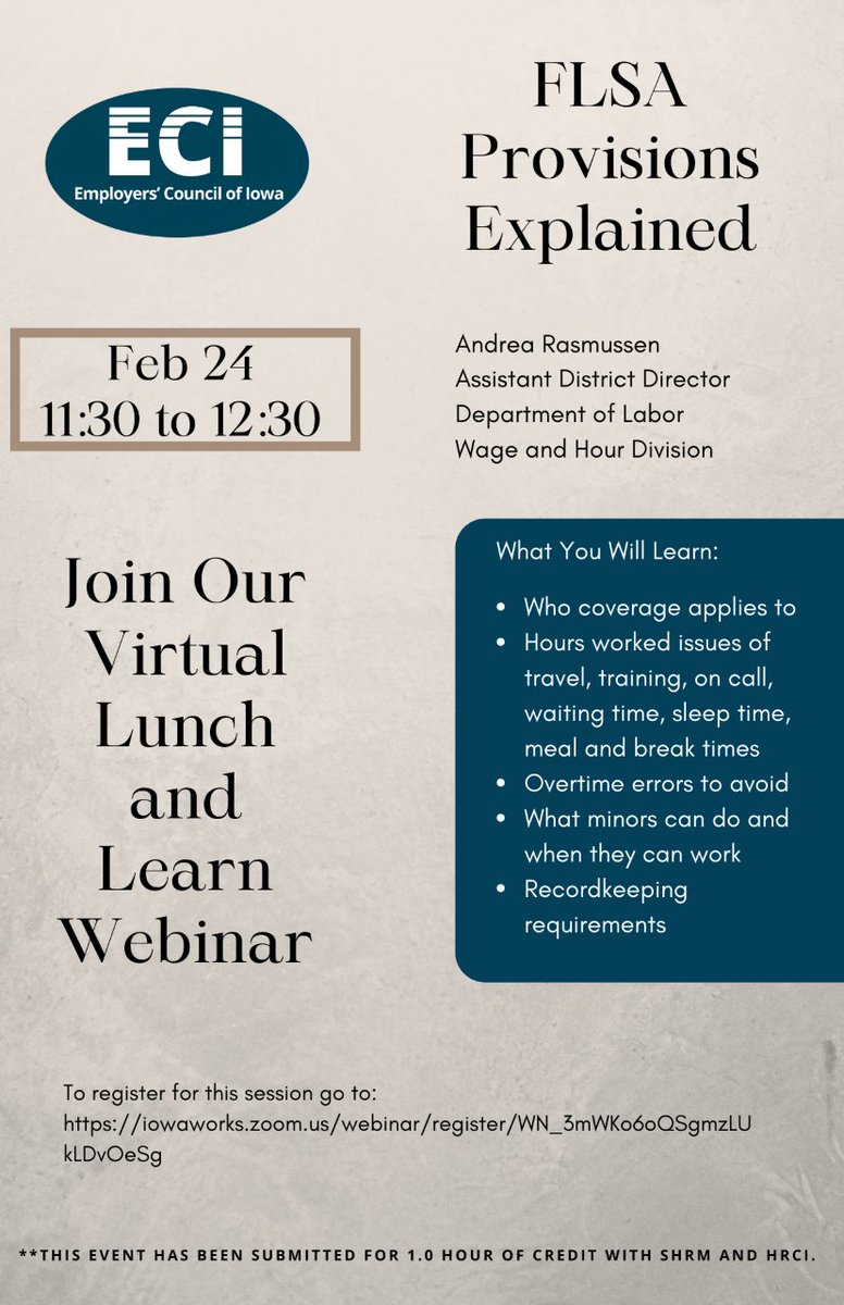 DBQIowaWORKS's tweet photo. Join the ECI Virtual Lunch and Learn Webinar and learn about FLSA provisions. 

Register today:

https://t.co/cSSi36giVw #webinar #lunchandlearn #eci #flsa https://t.co/Sl8DS9Bq4F