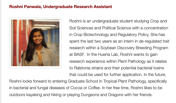 Alitalamorenita's tweet photo. The https://t.co/Lo3apnQWQm is happy to share that Roshni Panwala, undergrad in the lab, earned an Undergradaute Research Award and was selected to present her findings at the ACC Meeting of the Minds https://t.co/ebXbcuuTMj.  
 @NCSU_DEPP  @NCState
 @NCStateCALS https://t.co/jXYxw9WNgC