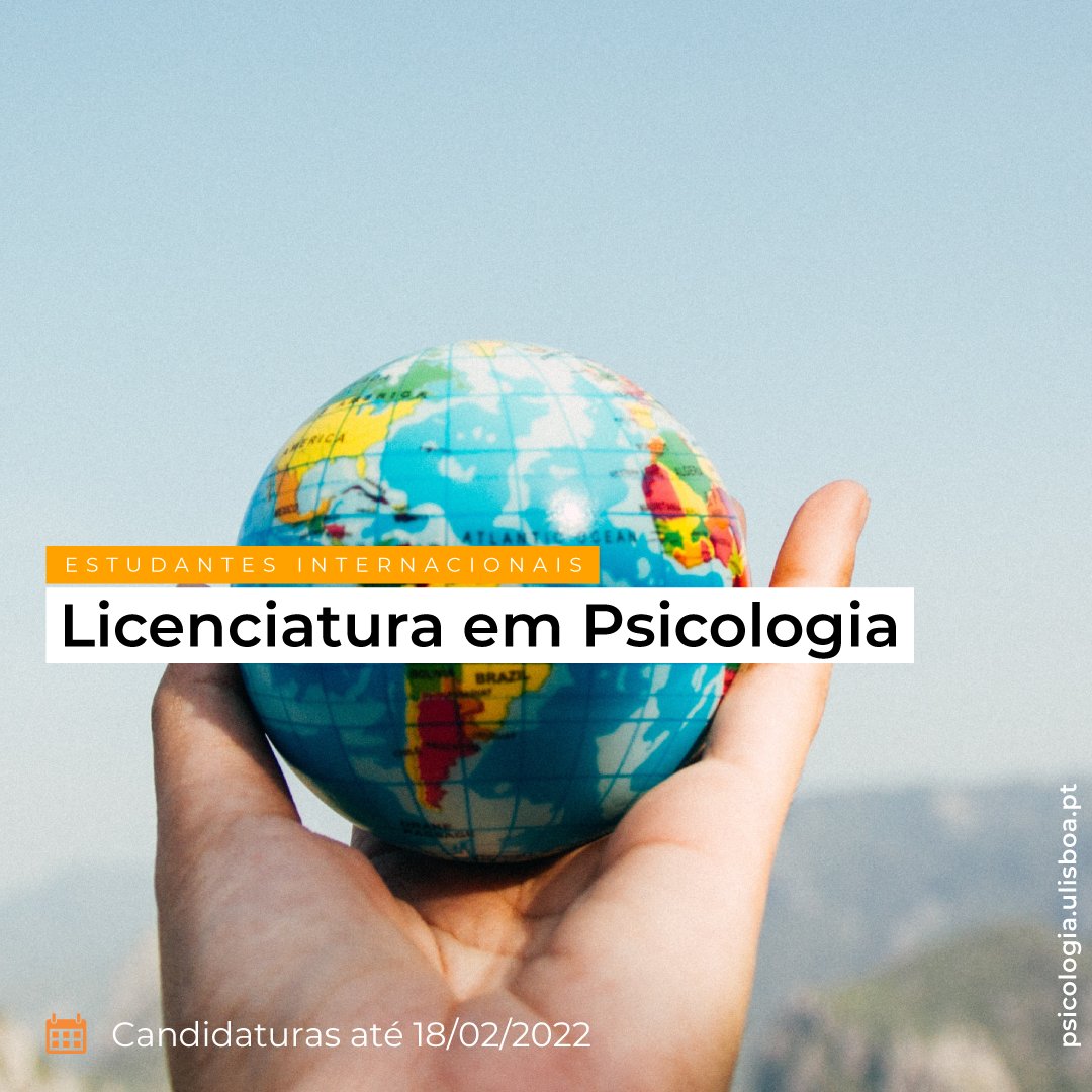 Psicologia_ul's tweet photo. Estudantes Internacionais - Licenciatura em Psicologia
Está a decorrer a primeira fase de candidaturas para o ano letivo de 2022/2023 até 18 de fevereiro de 2022.
Mais informações em https://t.co/I5EisSZT1R
#Psicologia #FPUL #ULisboa https://t.co/Jo1QWziU2o