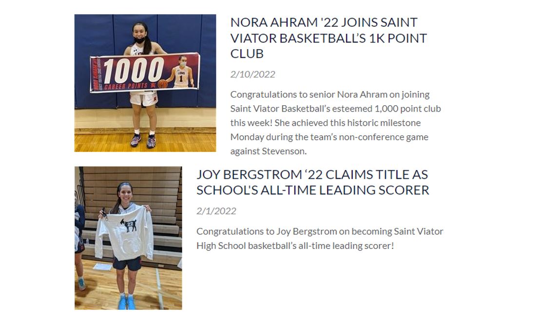 Cool to see 2 <a href="/ViatorGBB/">Saint Viator Girls Basketball</a> players back-to-back on the <a href="/SaintViatorHS/">Saint Viator HS</a> home page! Congratulations again, to Nora on her 1000 points and Joy for becoming the all-time leading scorer! #GoLions

Nora: saintviator.com/news-detail?pk…
Joy: saintviator.com/news-detail?pk…