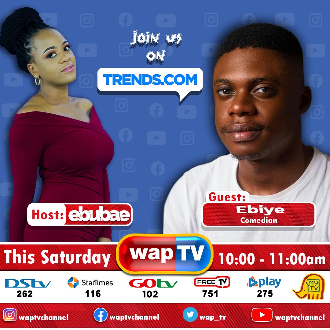 wap_tv's tweet photo. Set your reminders for this! ๐ฅ
Catch @ComedianEbiye on #trends.com with Ebubae
Tune in to #waptv tomorrow, 10:00 am to join the conversation.
#trendscom #ebiye #ebubae #exclusiveinterview #naija #interview #familyentertainmentchannel #waptv https://t.co/HNN0uKF6AB
