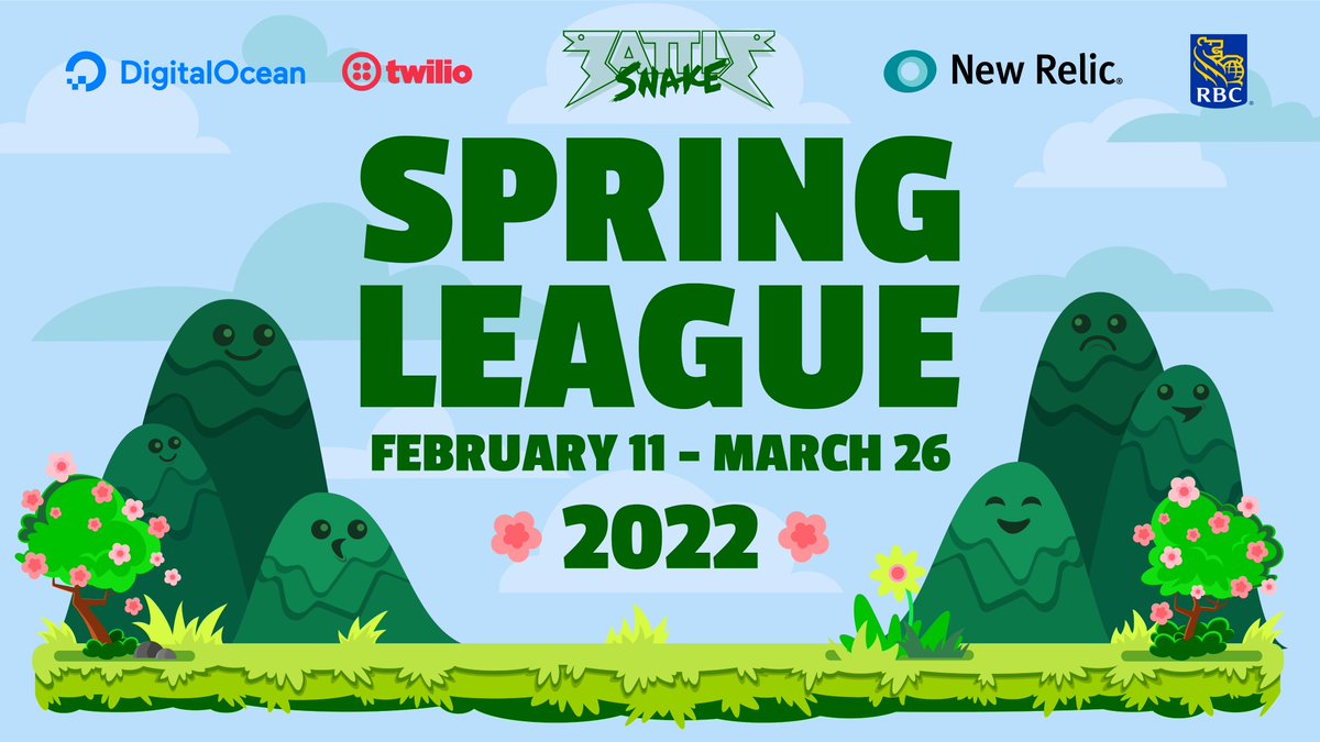 🐍🏅 Let the Games Begin 🏆🐍

The 2022 #SpringLeague competition officially kicks-off today 🎉

Choose your favourite Battlesnake and enter the fray at play.battlesnake.com/spring-league 🌷

Presented by <a href="/digitalocean/">DigitalOcean</a> <a href="/twilio/">twilio</a> <a href="/newrelic/">New Relic</a> <a href="/RBC/">RBC</a>