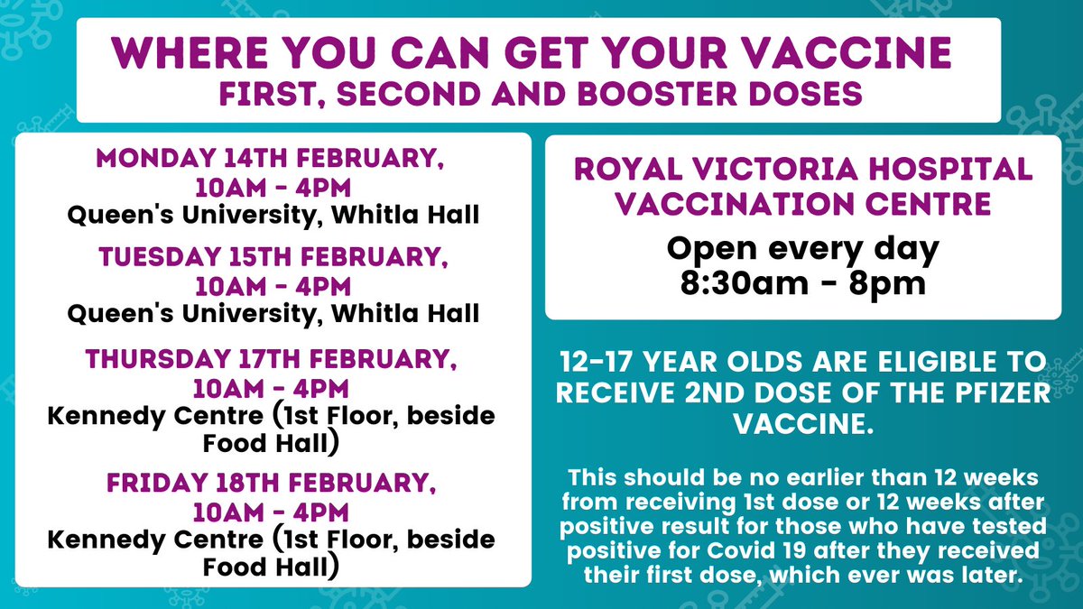 Get your vaccine - first, second &amp; booster doses 📢💉

☑️Booster available to 18+ 
📋No appt. needed. 
💳Bring your ID

🚌Vaccination Bus also coming Monday!
9am-11:30am Andersonstown Lidl
12.30pm-4pm Whiterock Leisure Centre 

More info: belfasttrust.hscni.net/covid-19-vacci…