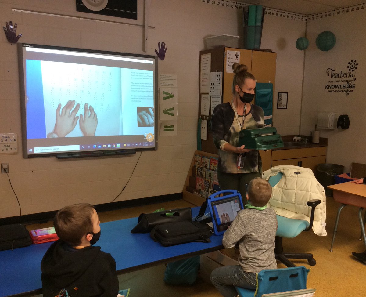 WR_Elementary's tweet photo. 1st graders in Mrs. Davis's class read a book about Louis Braille, Miss James, Teacher of the Blind/Visually Impaired-CSIU, taught the class how to use a Braille Writer and slate & stylus to write in Braille. https://t.co/rlbGMQBl8w