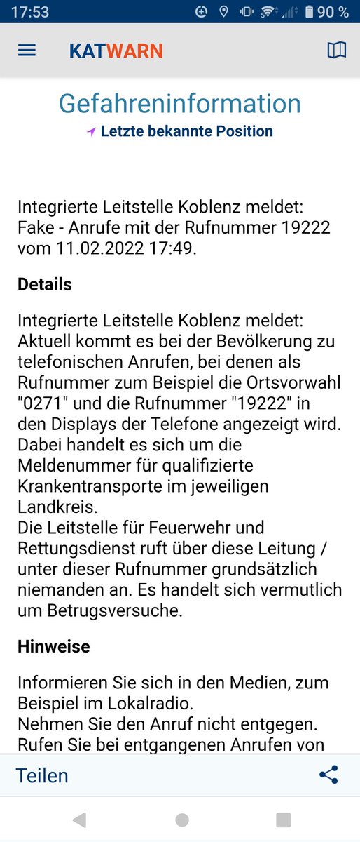 drkkvaw's tweet photo. Integrierte #Leitstelle #Koblenz meldet: Fake - Anrufe mit der Rufnummer 19222 vom 11.02.2022 17:49.

#immerda #drk #drkkvaw #kreisahrweiler #henrysfollower #fakeanrufe https://t.co/86q1eHx8ww