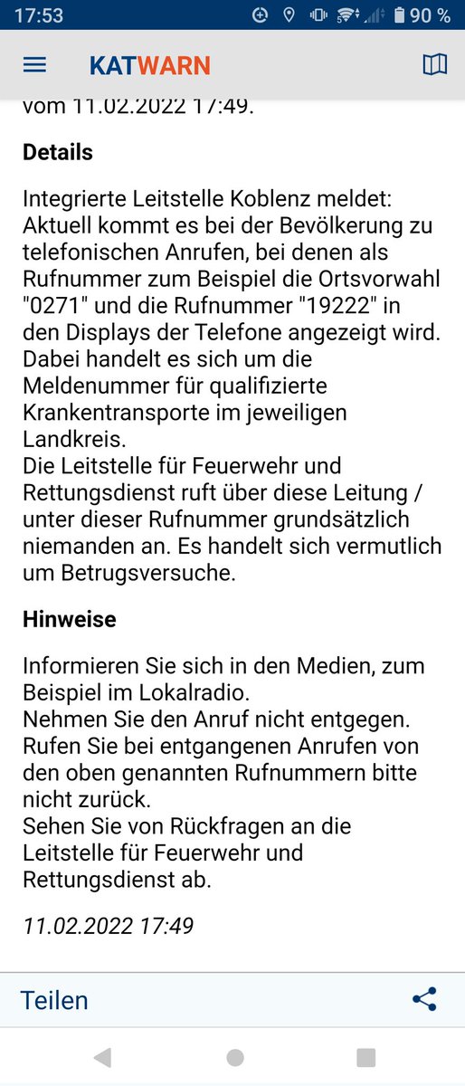 Integrierte #Leitstelle #Koblenz meldet: Fake - Anrufe mit der Rufnummer 19222 vom 11.02.2022 17:49.

#immerda #drk #drkkvaw #kreisahrweiler #henrysfollower #fakeanrufe