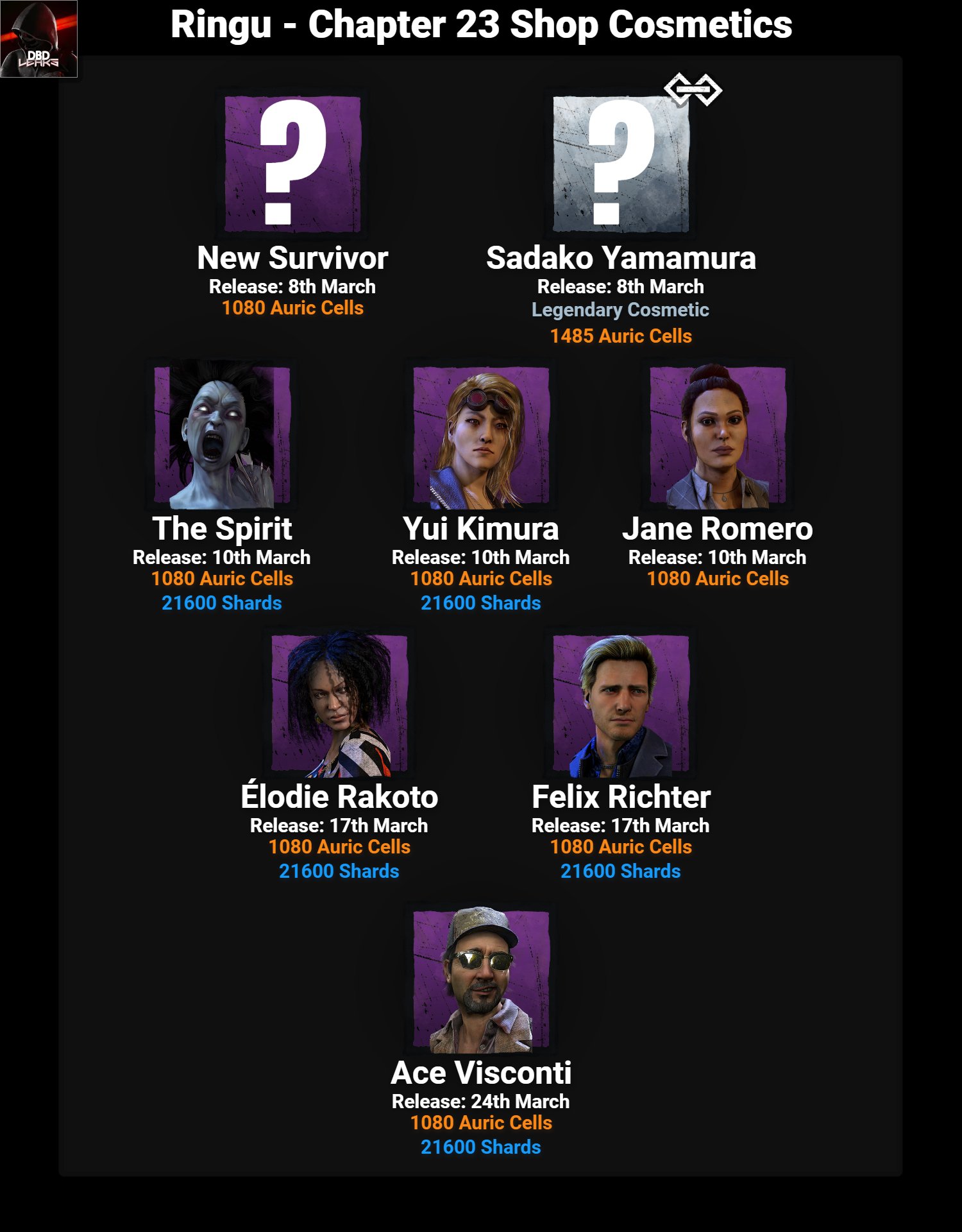 Dbdleaks List Of Cosmetics Coming For Chapter 23 Ringu What Do You Think Legendary Cosmetic For New Killer Sadako Yamamura Could Be Ptb For Ringu Opens On