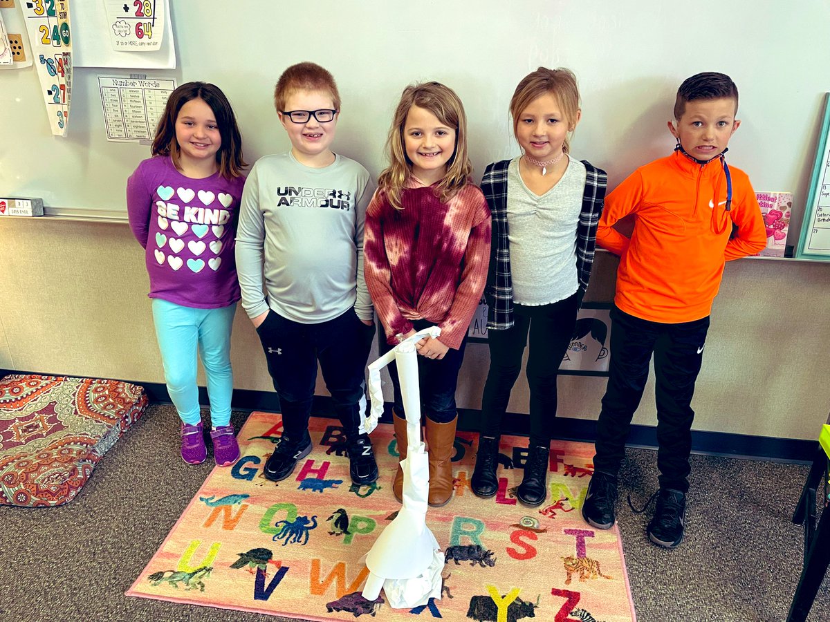 Mast_2nd's tweet photo. We were challenged to build the tallest goal post in 30 minutes using only paper and tape— the tricky part was it had to stand upright on its own! Lots of Super Bowl fun today requiring teamwork and communication!! 🏈 #bulletpride #connectses https://t.co/K8g37kssgN