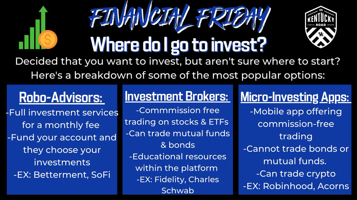 TheKentuckyRoad's tweet photo. Happy #FinancialFriday wildcats! Decided that you want to start investing, but aren’t sure where to start? Let’s take a look at a few of your options. 

#TheKentuckyRoad https://t.co/MUUFscgIVB