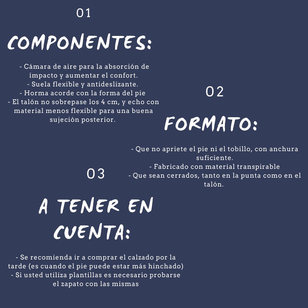 BPSOmenorcaIB's tweet photo. Recomendaciones del zapato ideal! ¿Sabríais que zapatos elegir al ir a comprar? ¿Cuales irán mejor a los pies de vuestros pacientes? Aquí os dejamos unas recomendaciones a tener en cuenta en el momento de elegir zapato, espero que os sirvan! 😉 #piediabetico #podologos #asme https://t.co/8FWgagmI6I