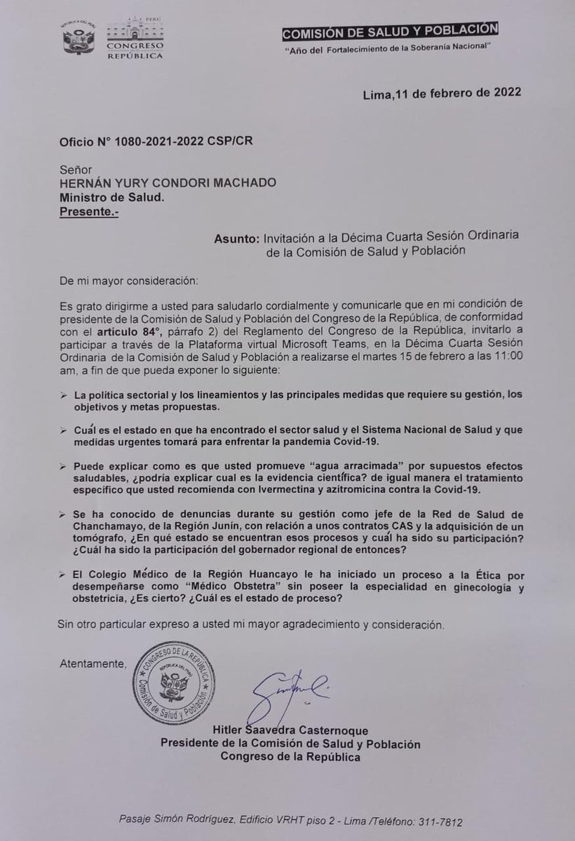 🔵🔴Comisión de salud del Congreso cita para este martes 15 de febrero a las 11 a.m. al ministro de Salud, Hernán Condori, para que explique sobre el agua arracimada y las denuncias en su contra. ➡️Más información: exitosanoticias.pe