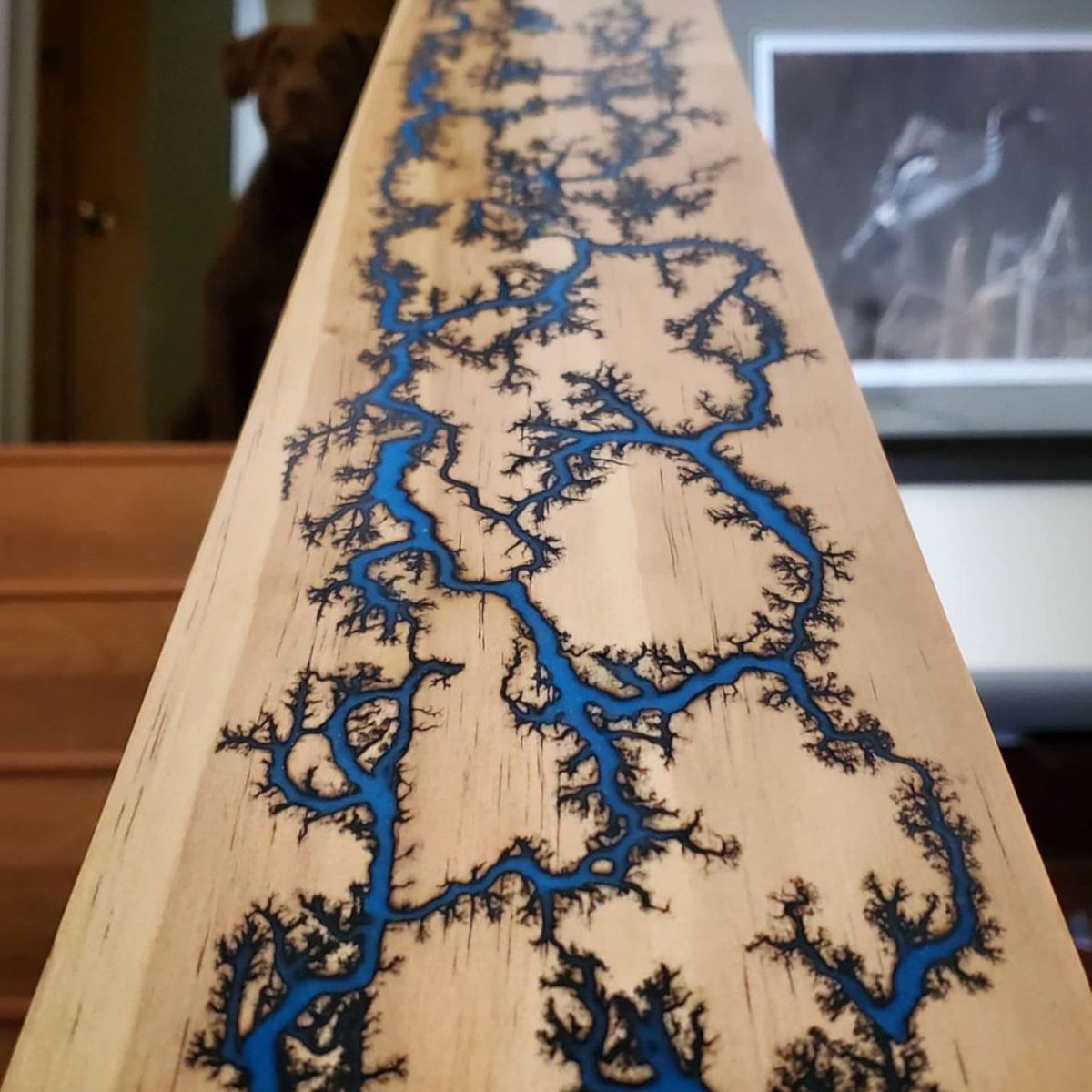 TechnoGlowInc's tweet image. epoxyart@lightning.sky.studio (IG) Did this gorgeous fractal burning on a banister. Gorgeous piece.⚡
.
.
.
#lightningskystudio #fractalburning #glowinthedark #GITD #uniquedesign #technoglow #technoglowproducts #blueglowpowder #