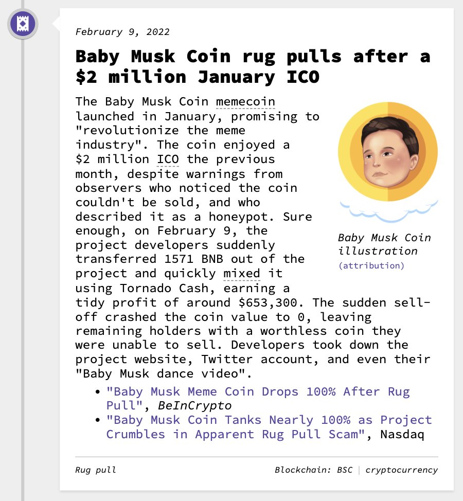 Baby Musk Coin rug pulls after a $2 million January ICO February 9, 2022  https://t.co/pvnFAAZLpa